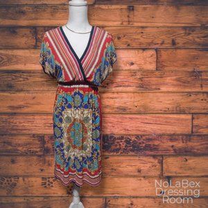 Surplice Shift Dress w/Red Blue and Gold Print